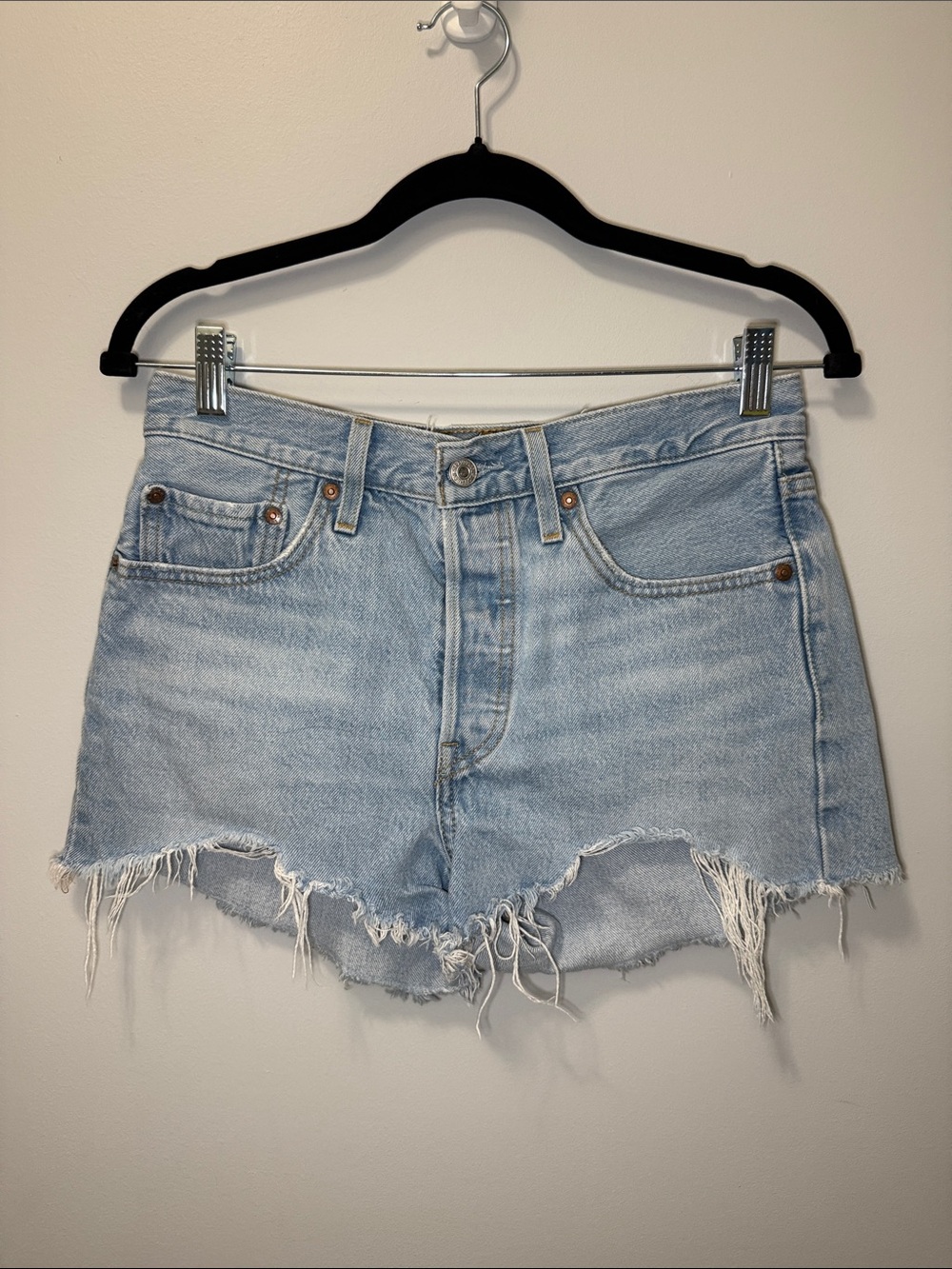 Levi's Light Blue Distressed Frayed Hem Denim Shorts